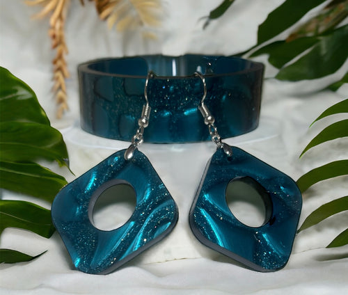 Teal Crackle sqaure Earrings and Bangle