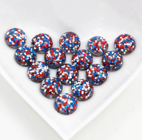 8,10, or 12 mm Red, Blue and Silver Glitter Dome